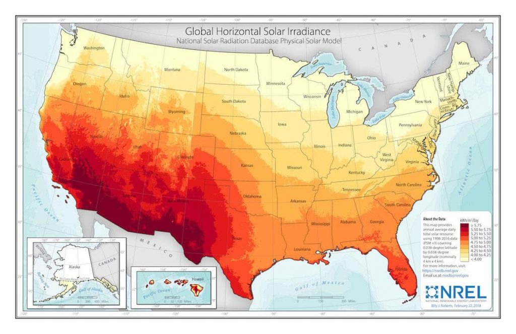 美国年度太阳辐照度地图