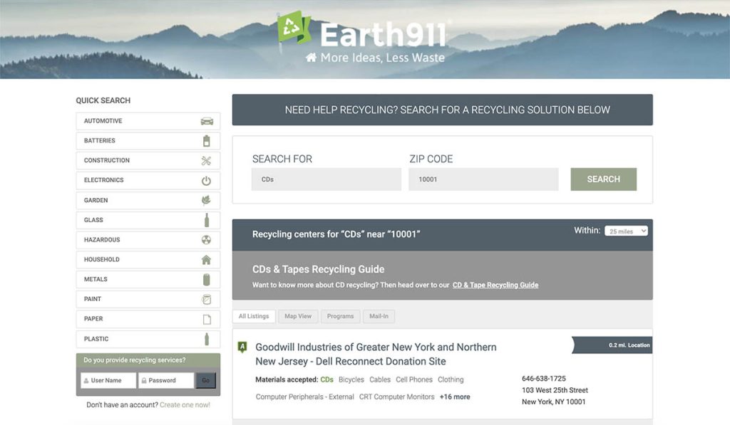 Earth911 CD回收计划在线搜索