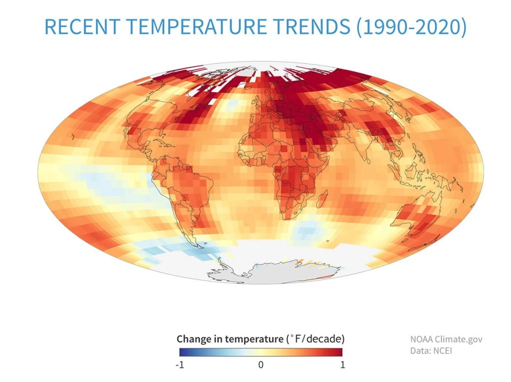 显示1990年至2020年地表温度趋势的世界地图
