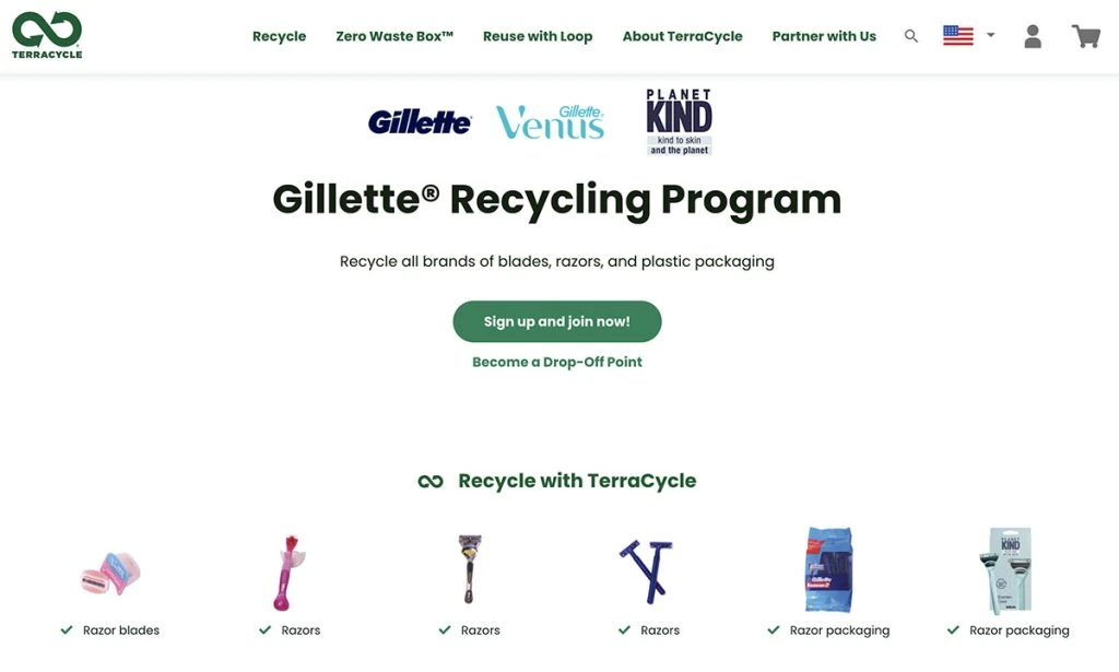 TerracycleGillette®回收计划网页屏幕截图