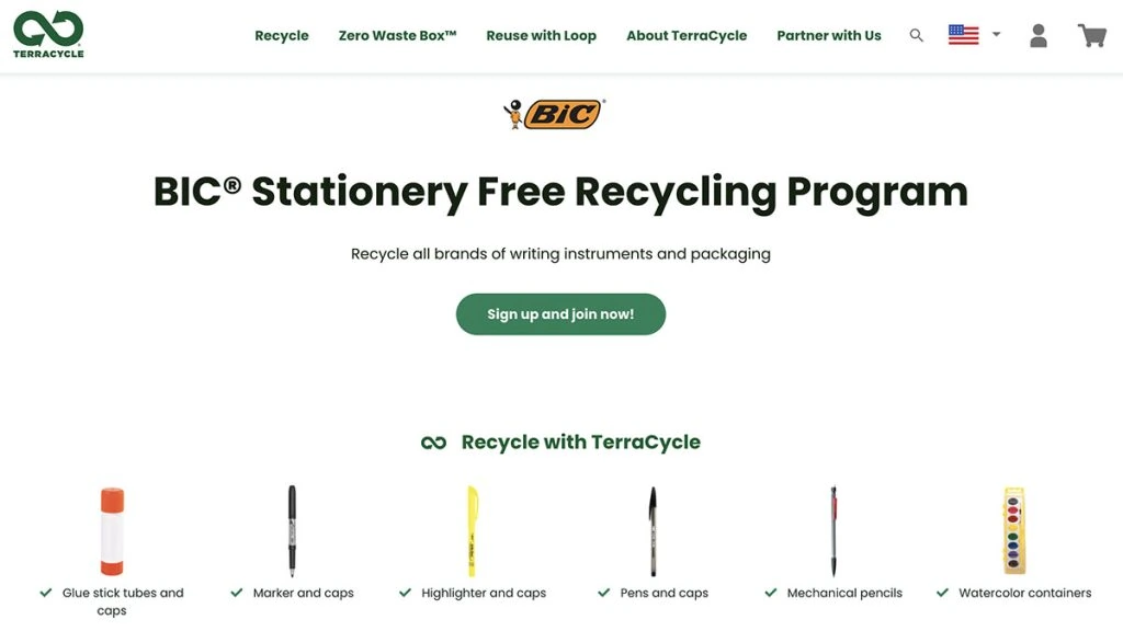 Terracycle BIC回收计划网页屏幕截图